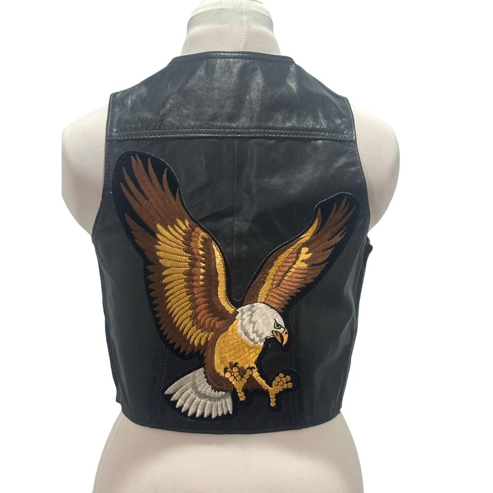 Vintage Black Leather Vest SMALL Velvet Stitched Eagle Patch Biker Bikercore